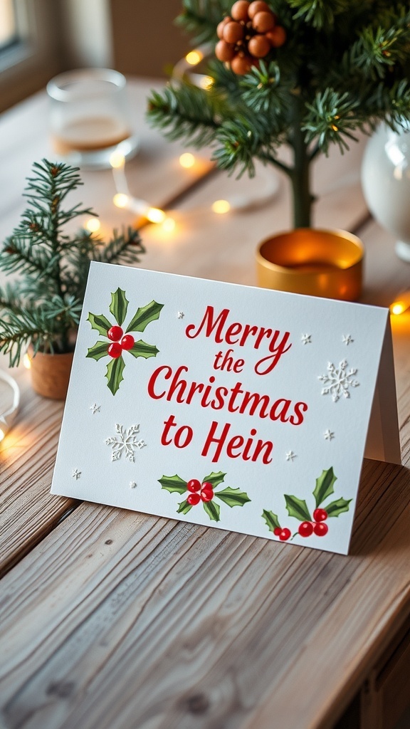 A festive Christmas card with holly and snowflakes on a wooden table, surrounded by fairy lights and an evergreen tree.